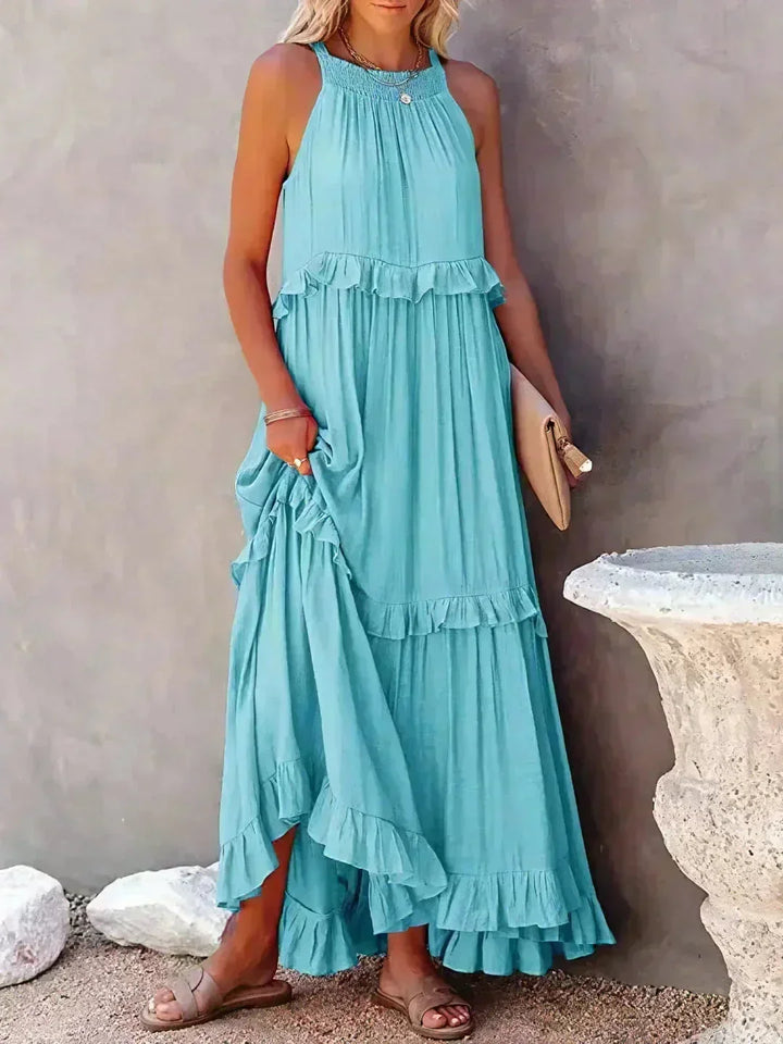 Vestito lungo donna senza maniche con volant sovrapposti