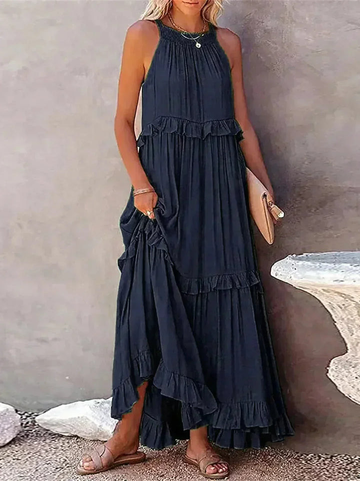 Vestito lungo donna senza maniche con volant sovrapposti