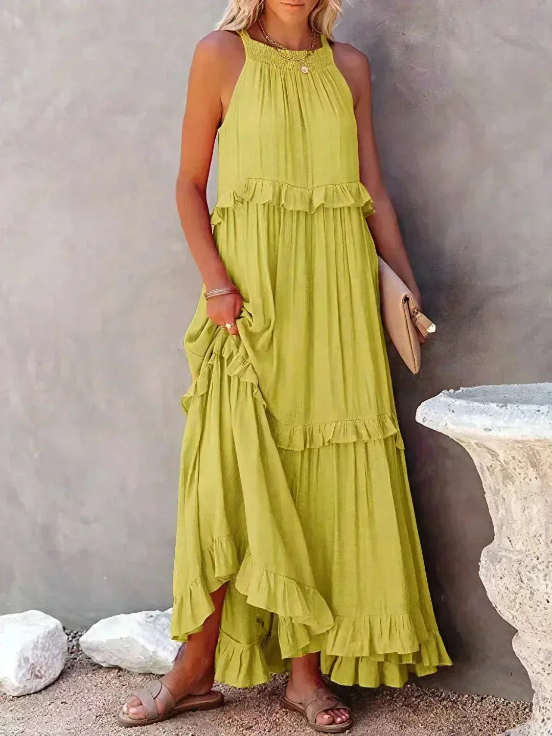 Vestito lungo donna senza maniche con volant sovrapposti