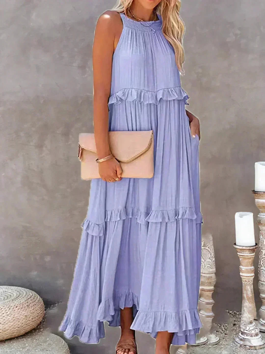 Vestito lungo donna senza maniche con volant sovrapposti