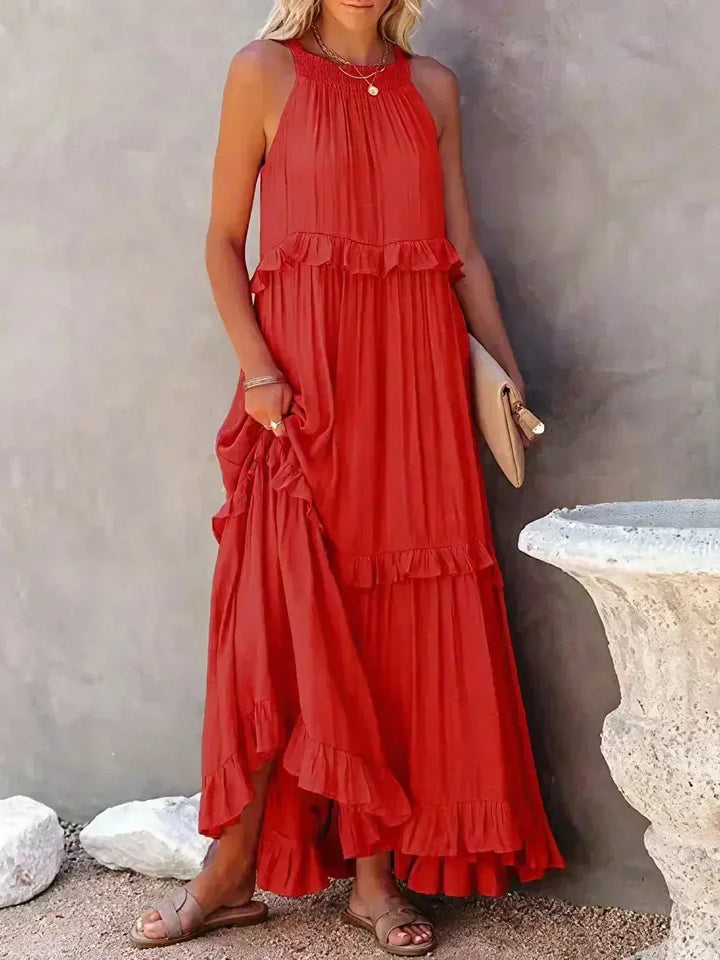 Vestito lungo donna senza maniche con volant sovrapposti