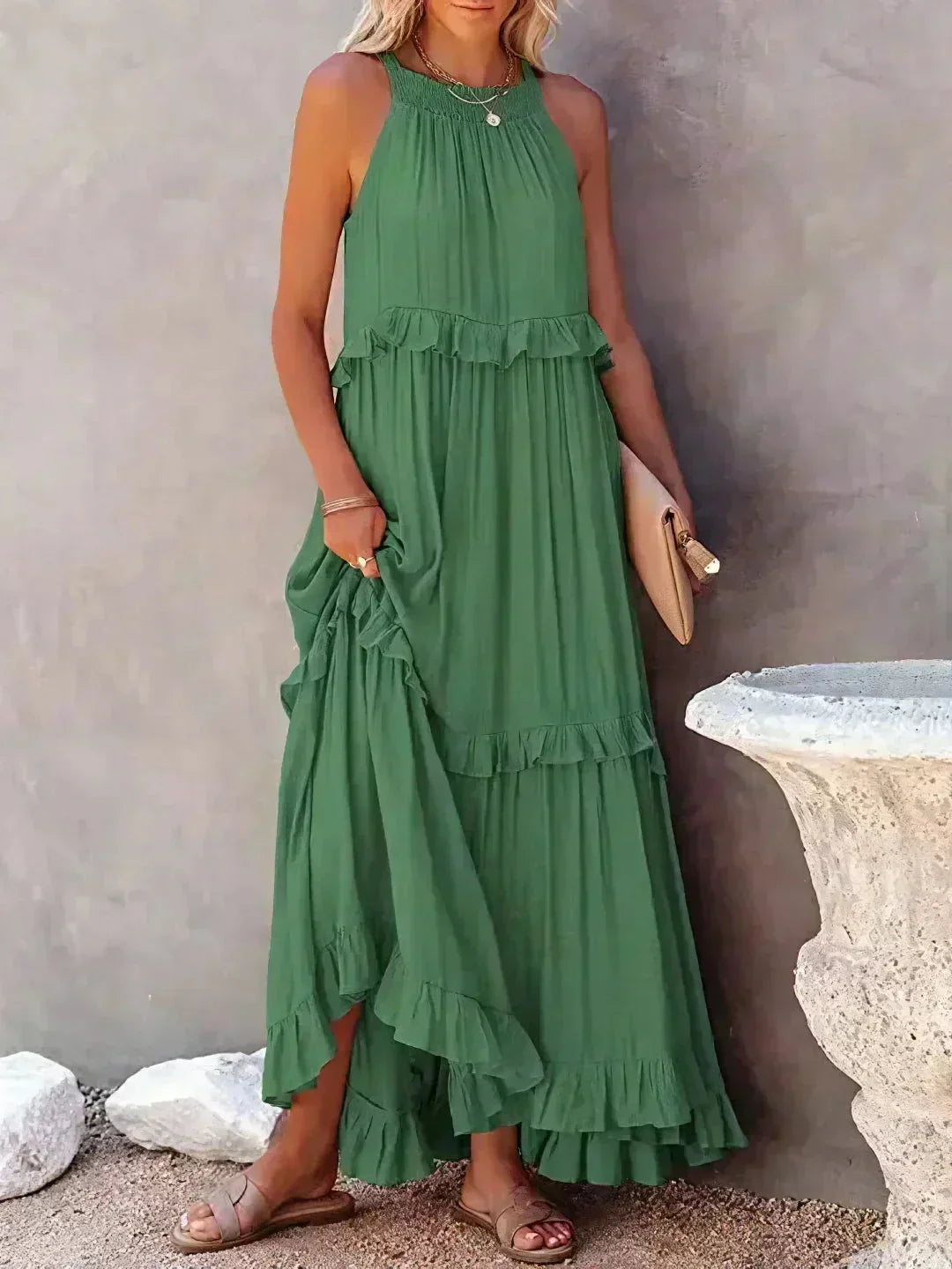 Vestito lungo donna senza maniche con volant sovrapposti