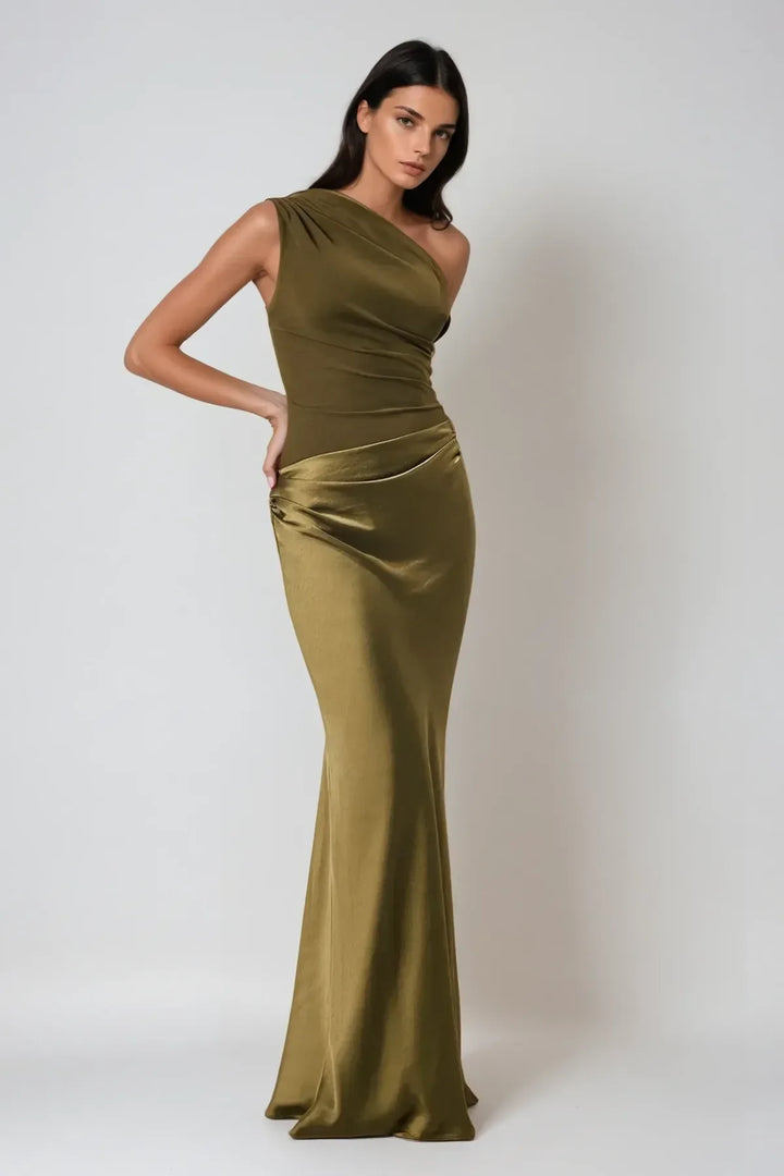 Vestito lungo da donna in raso asimmetrico