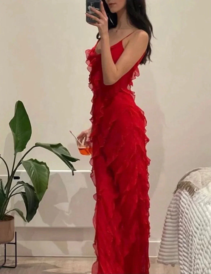 Vestito lungo donna da sera con bretelle e volant