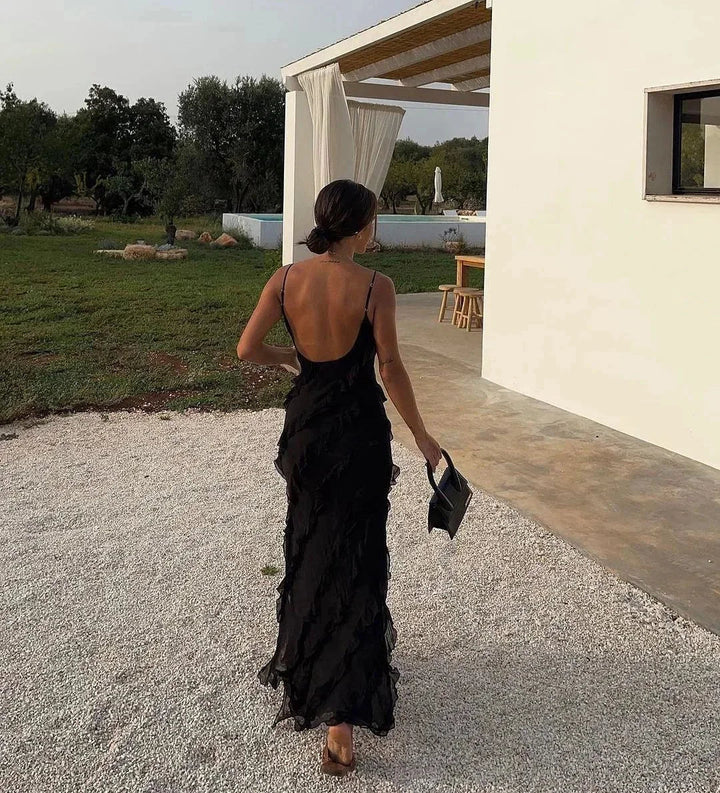 Vestito lungo donna da sera con bretelle e volant