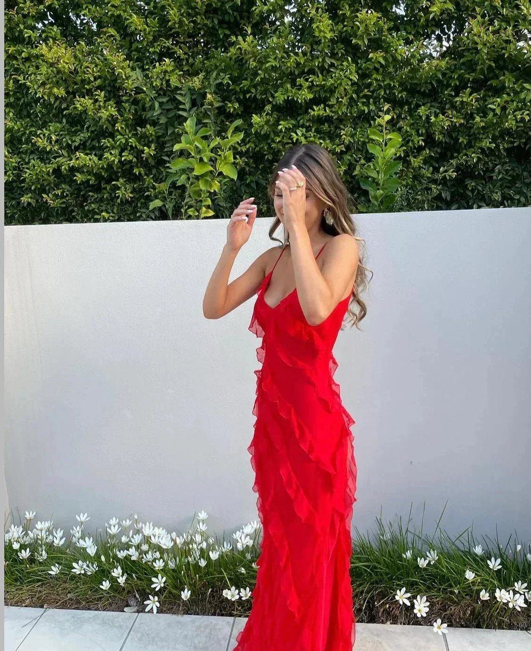 Vestito lungo donna da sera con bretelle e volant