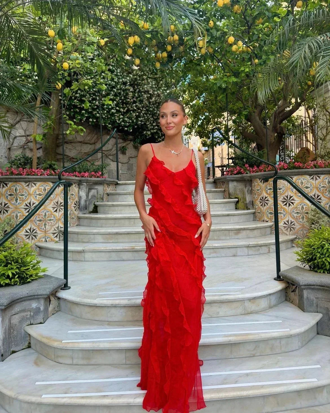 Vestito lungo donna da sera con bretelle e volant