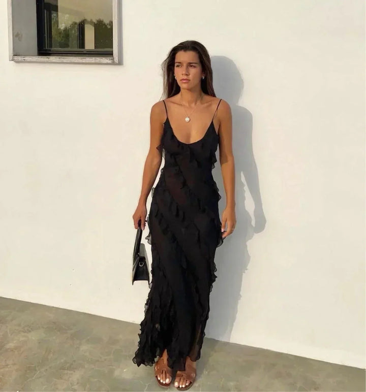 Vestito lungo donna da sera con bretelle e volant