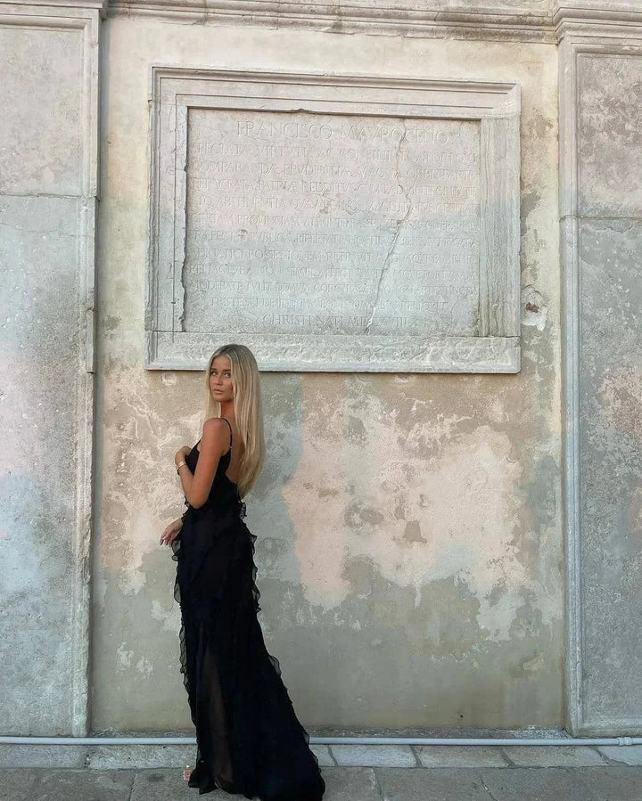 Vestito lungo donna da sera con bretelle e volant