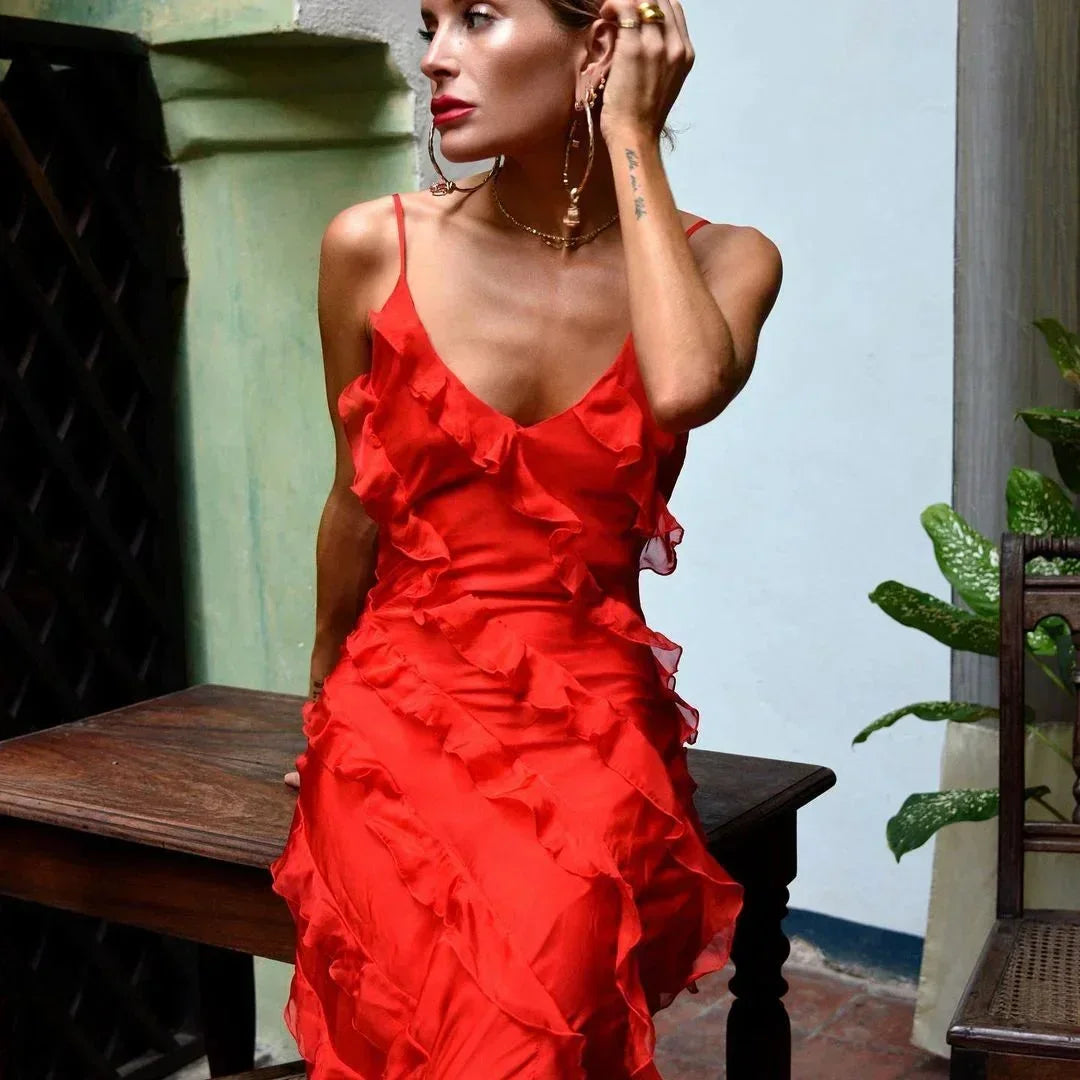 Vestito lungo donna da sera con bretelle e volant