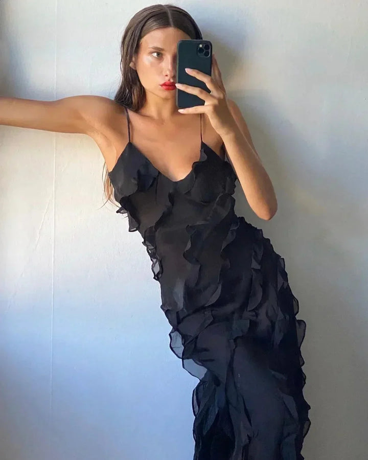 Vestito lungo donna da sera con bretelle e volant