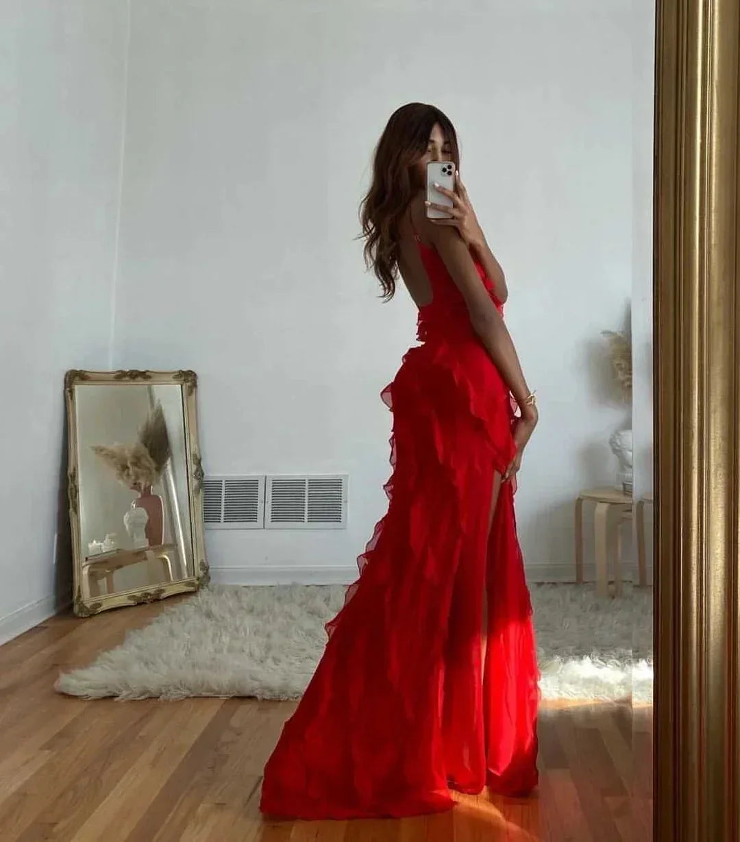 Vestito lungo donna da sera con bretelle e volant