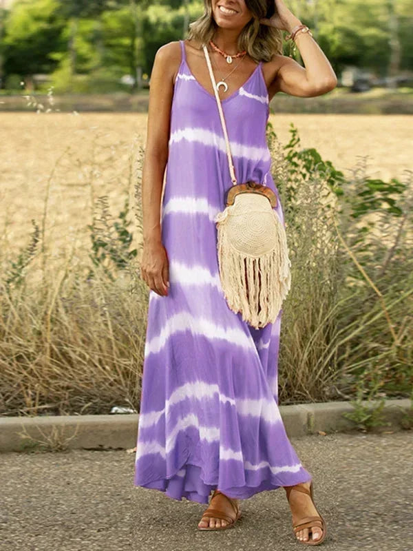 Vestito lungo donna tie-dye senza maniche con scollo a V