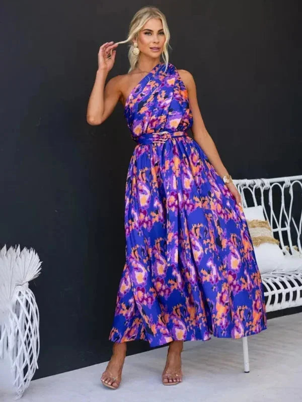 Vestito lungo donna a una Spalla con cintura