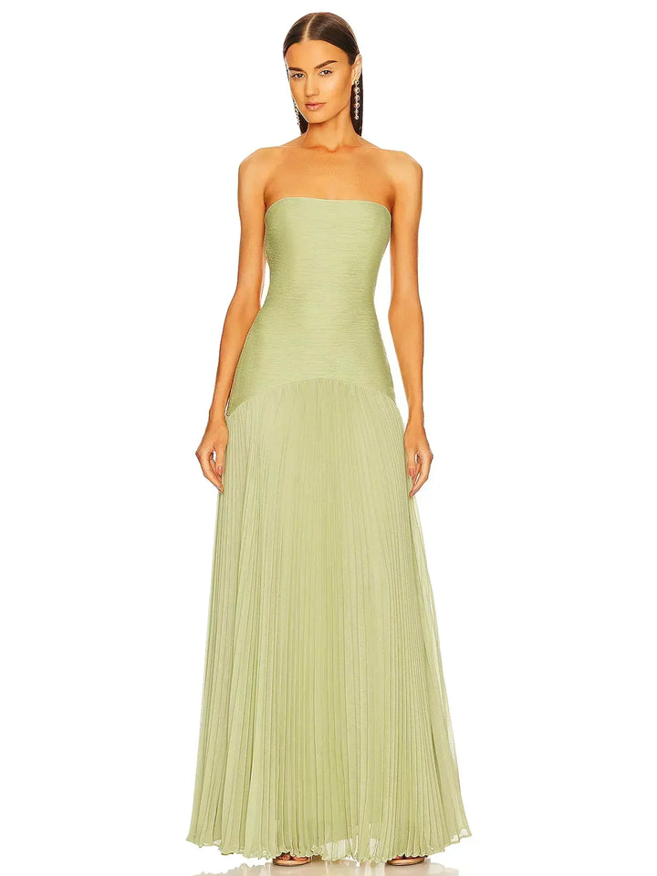 Vestito lungo donna verde chiaro senza maniche plissettato