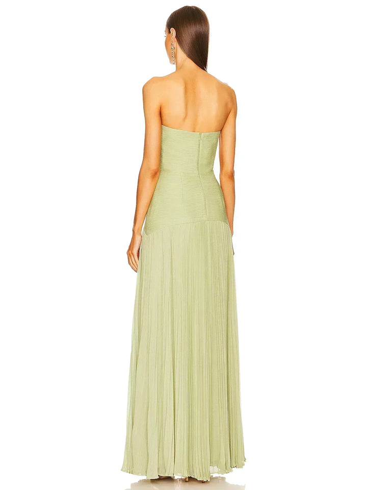 Vestito lungo donna verde chiaro senza maniche plissettato