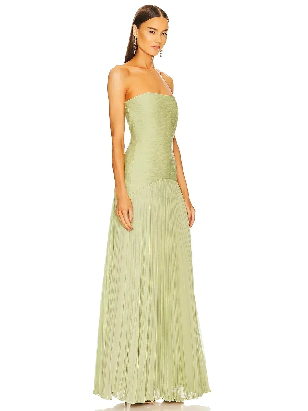 Vestito lungo donna verde chiaro senza maniche plissettato