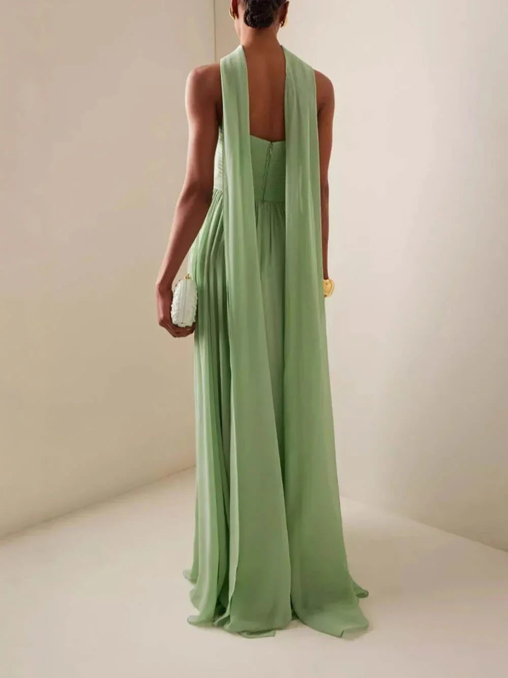 Vestito lungo donna verde con bustier plissettato