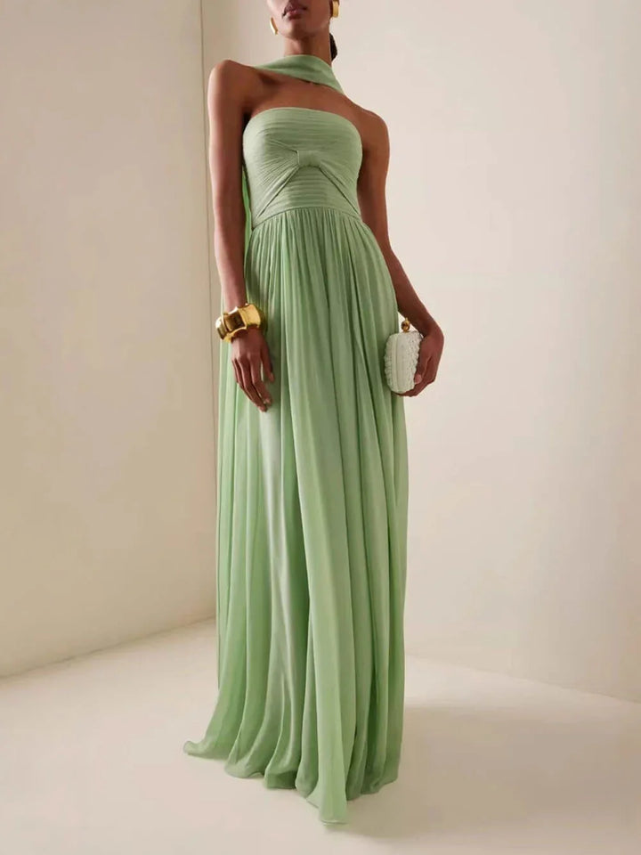 Vestito lungo donna verde con bustier plissettato