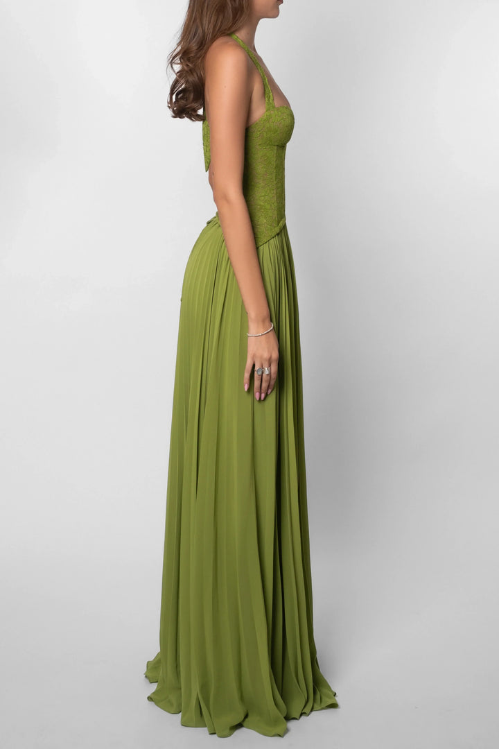 Vestito lungo da donna verde plissettato con corsetto