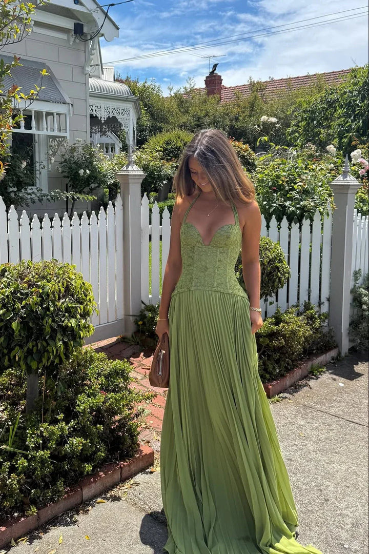 Vestito lungo da donna verde plissettato con corsetto