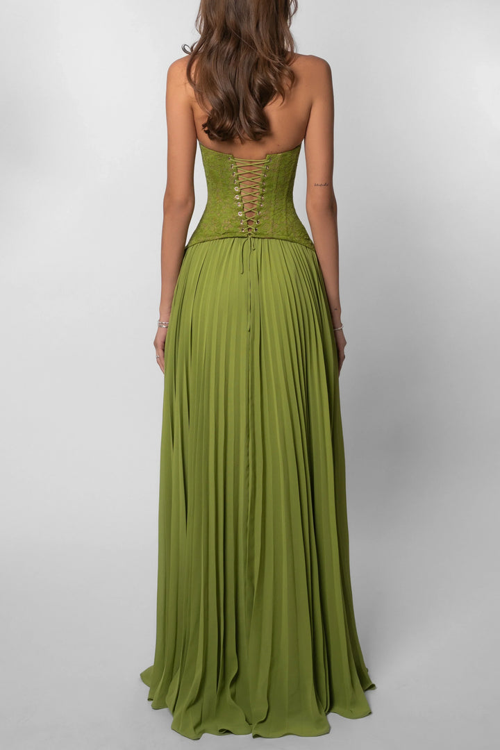 Vestito lungo da donna verde plissettato con corsetto
