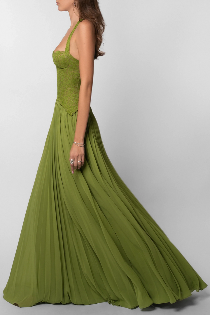 Vestito lungo da donna verde plissettato con corsetto
