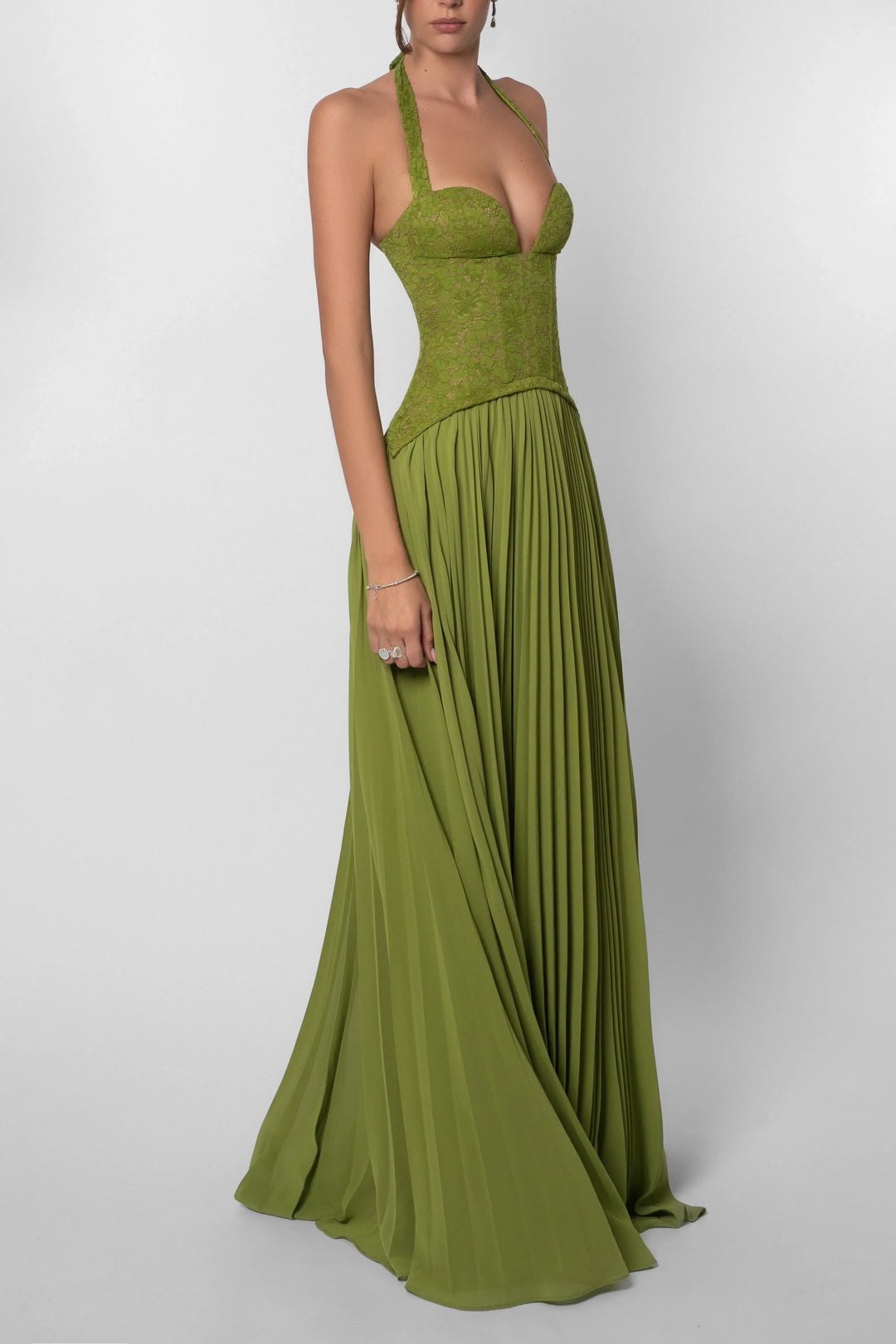 Vestito lungo da donna verde plissettato con corsetto