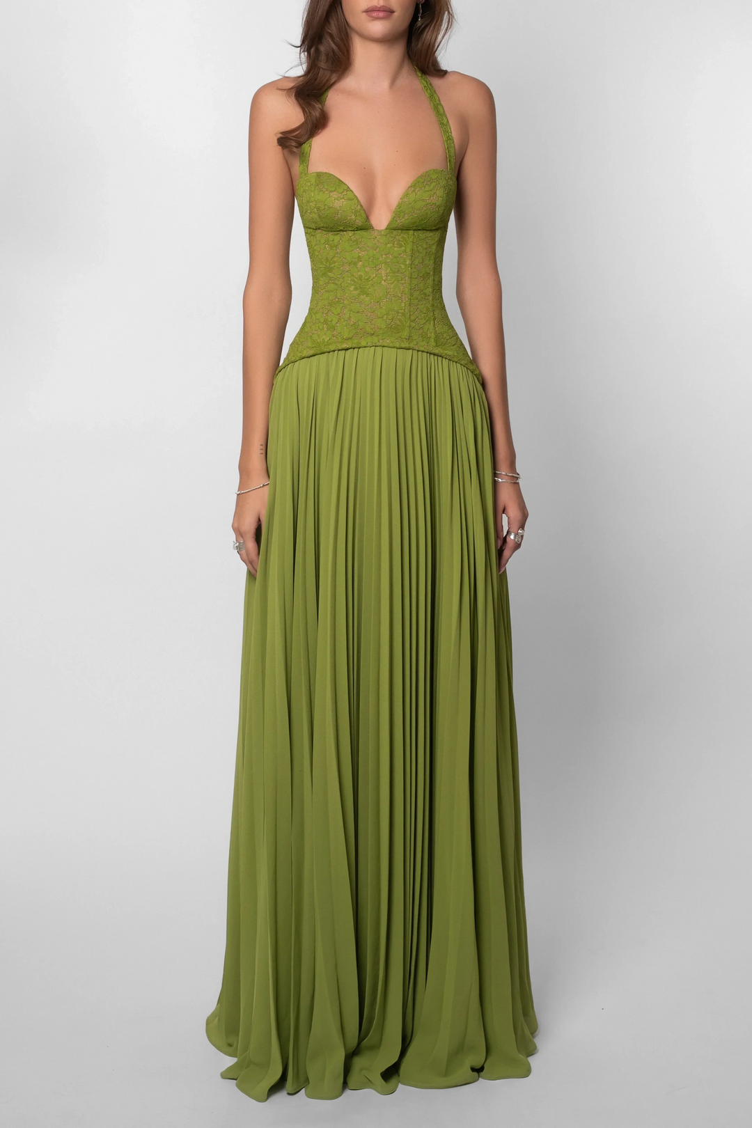 Vestito lungo da donna verde plissettato con corsetto