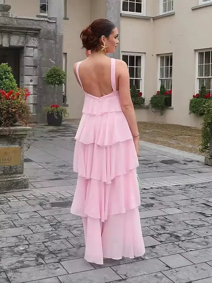Vestito lungo donna con volant annodato