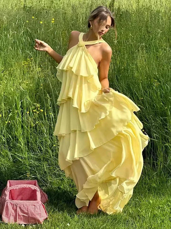 Vestito lungo donna con volant annodato
