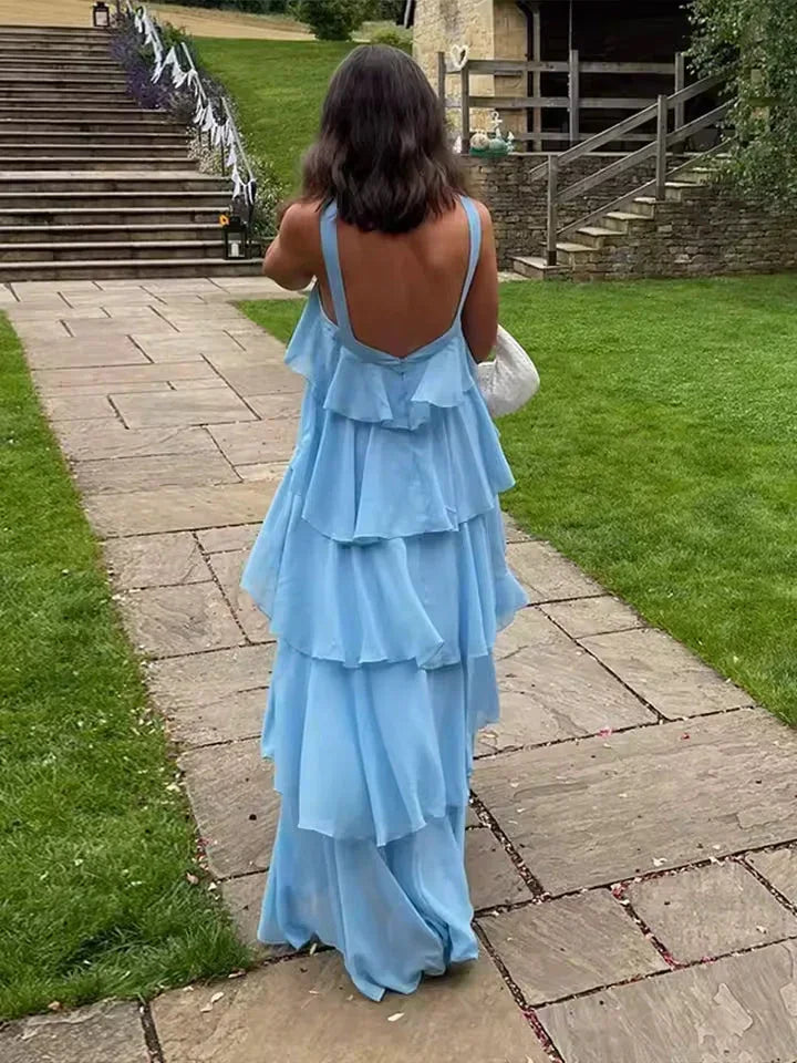 Vestito lungo donna con volant annodato