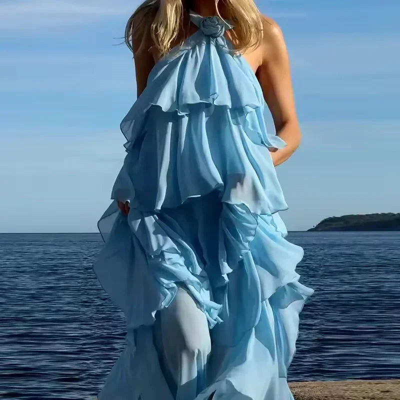 Vestito lungo donna con volant annodato