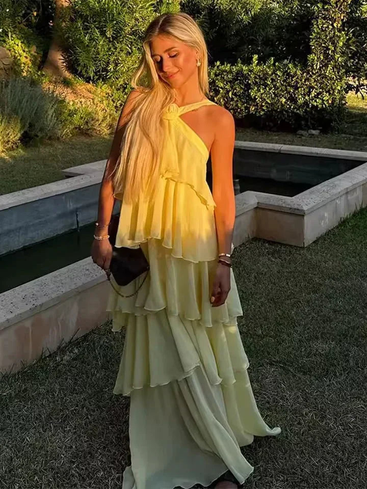 Vestito lungo donna con volant annodato