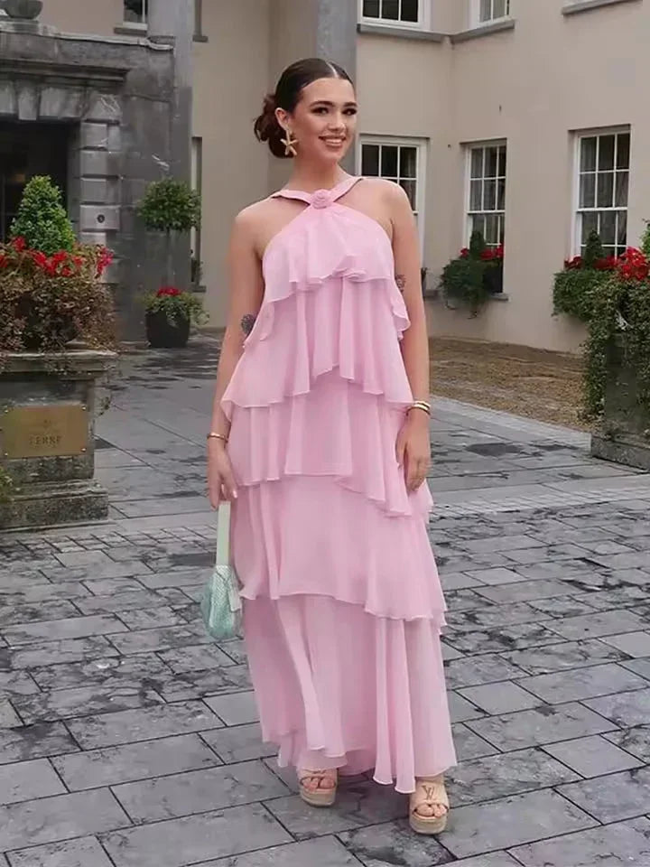 Vestito lungo donna con volant annodato