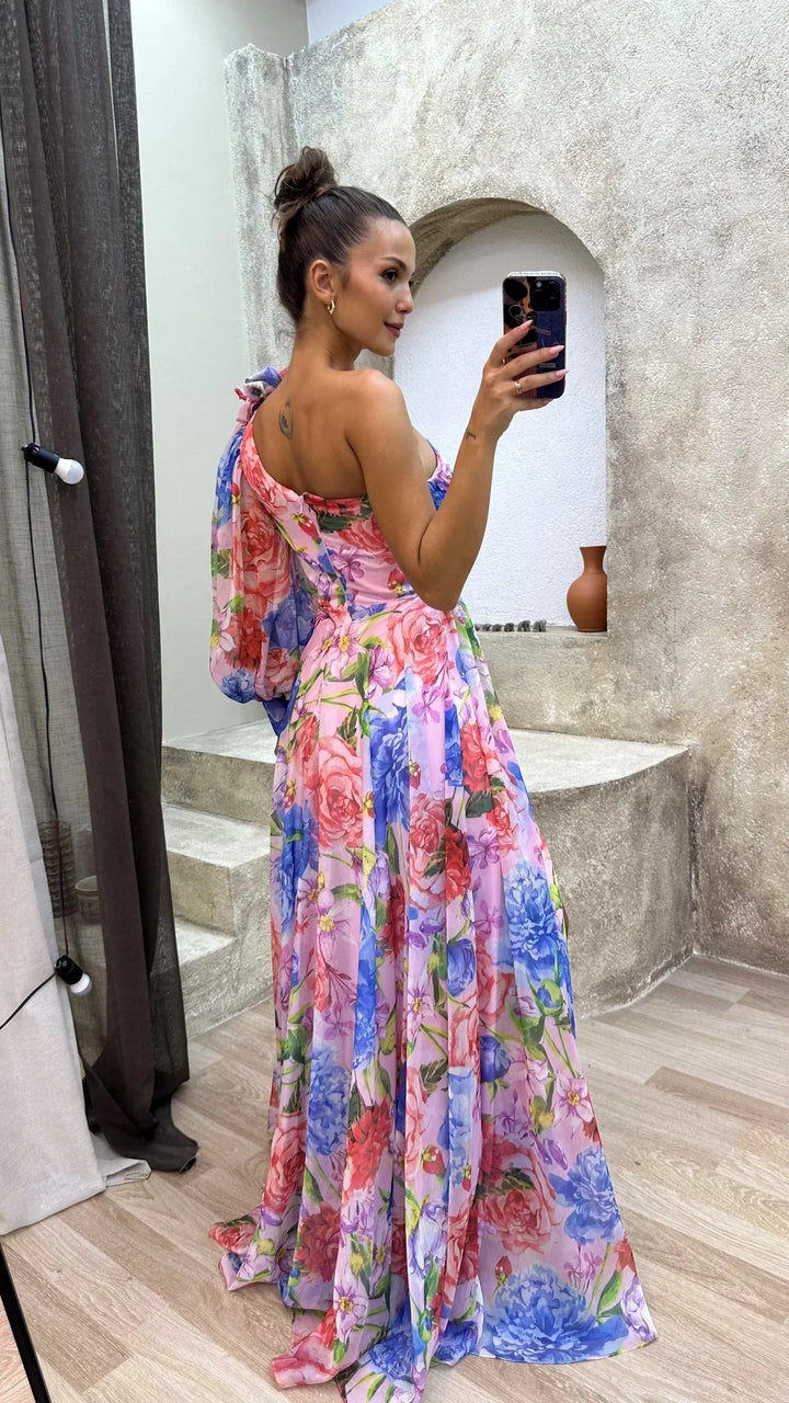 Vestito lungo donna monospalla floreale con spacco da sera