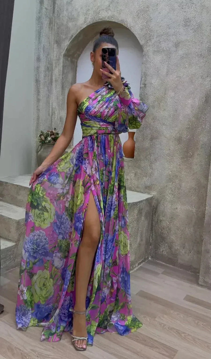 Vestito lungo donna monospalla floreale con spacco da sera