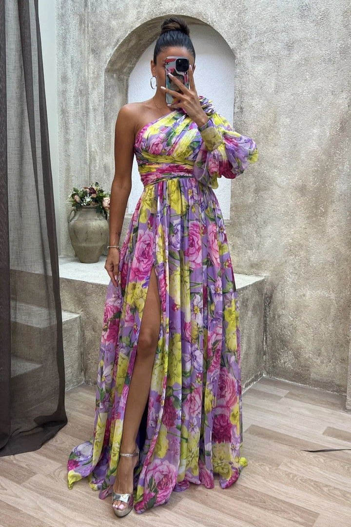 Vestito lungo donna monospalla floreale con spacco da sera