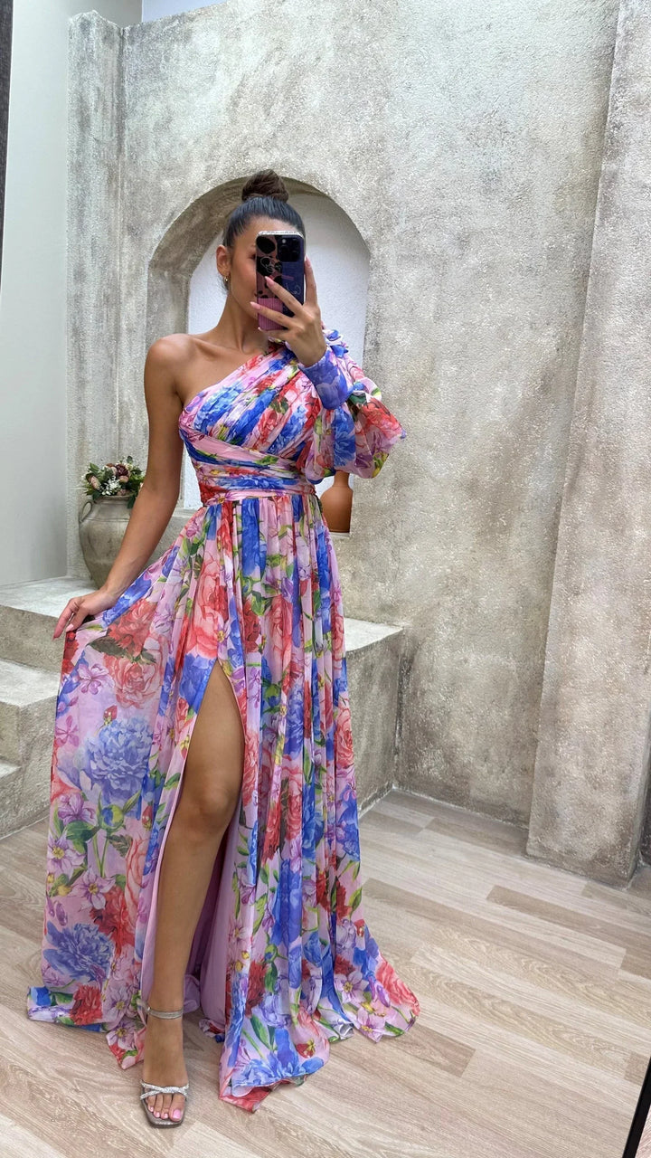 Vestito lungo donna monospalla floreale con spacco da sera