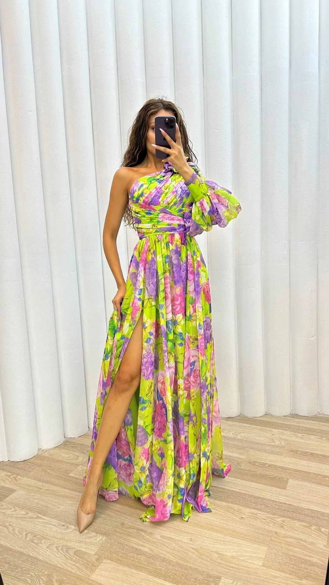 Vestito lungo donna monospalla floreale con spacco da sera
