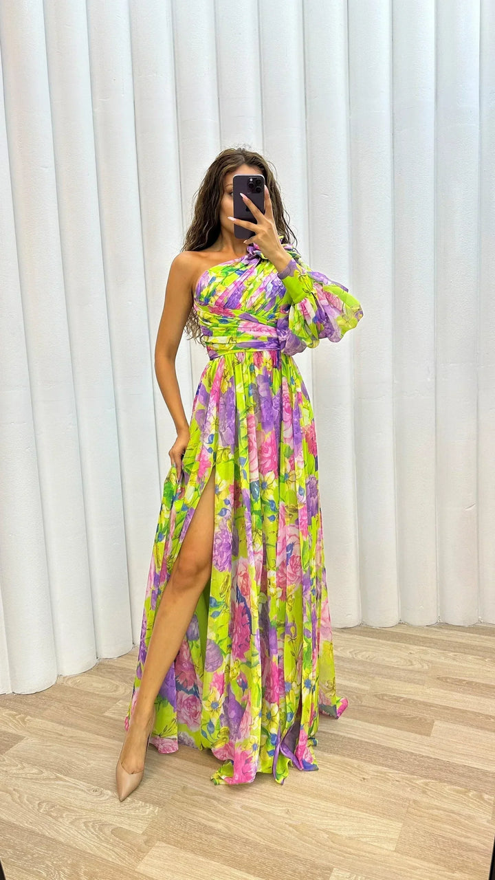 Vestito lungo donna monospalla floreale con spacco da sera