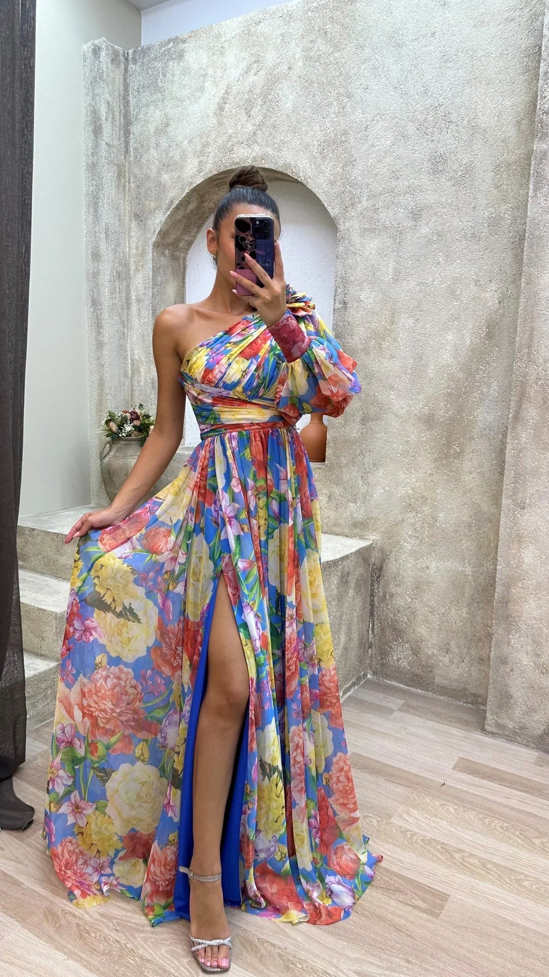 Vestito lungo donna monospalla floreale con spacco da sera