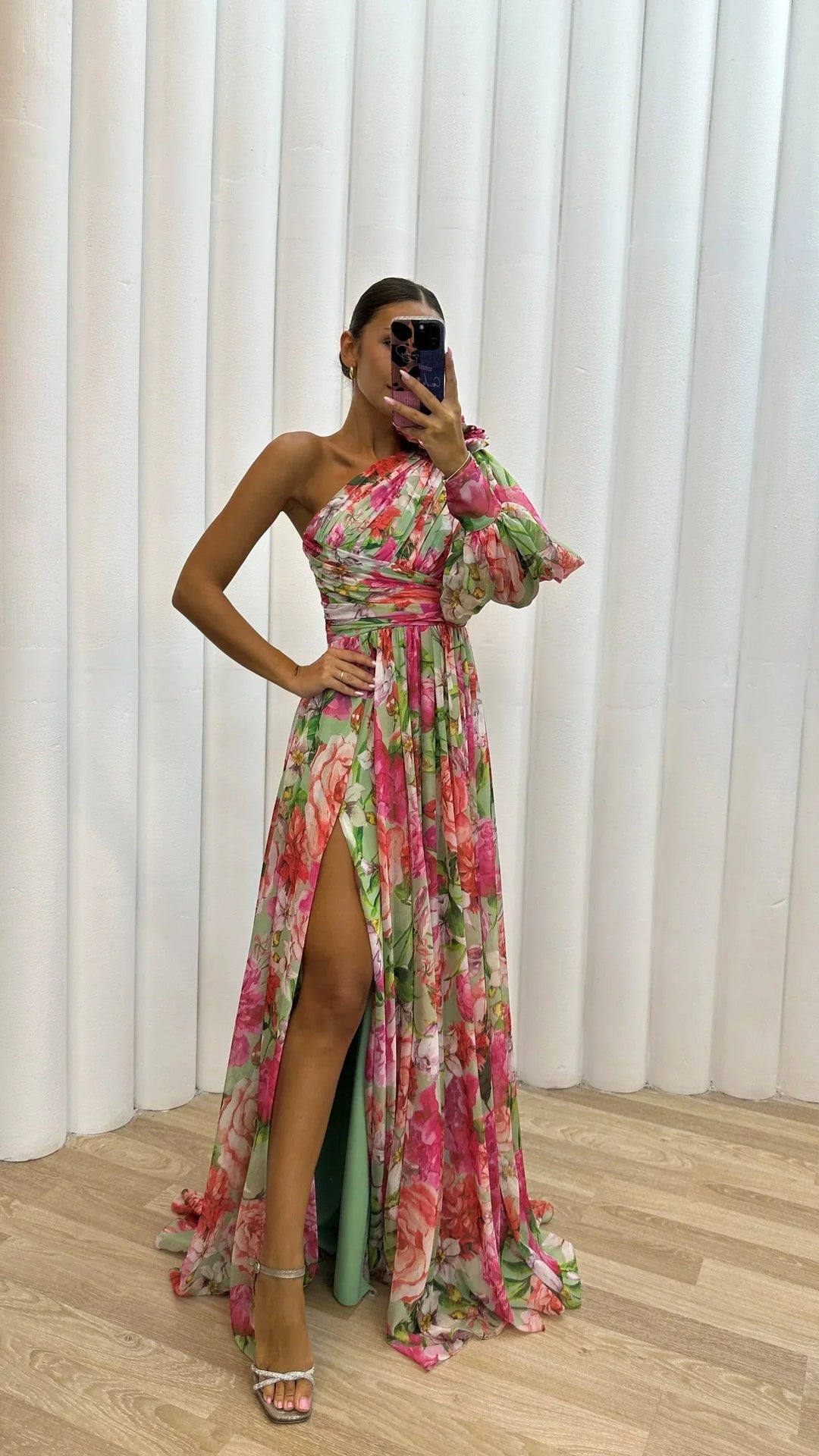 Vestito lungo donna monospalla floreale con spacco da sera