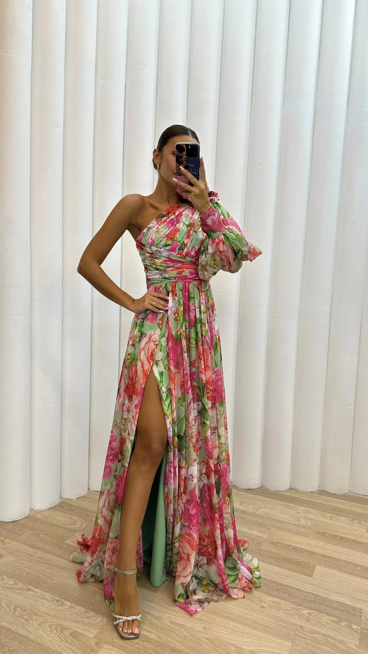 Vestito lungo donna monospalla floreale con spacco da sera