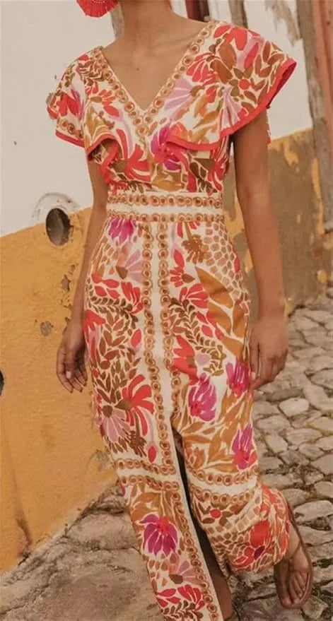 Vestito lungo donna a fiori con scollo a V e spacco