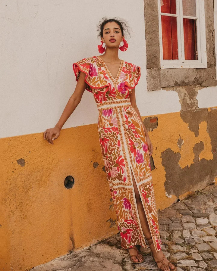 Vestito lungo donna a fiori con scollo a V e spacco