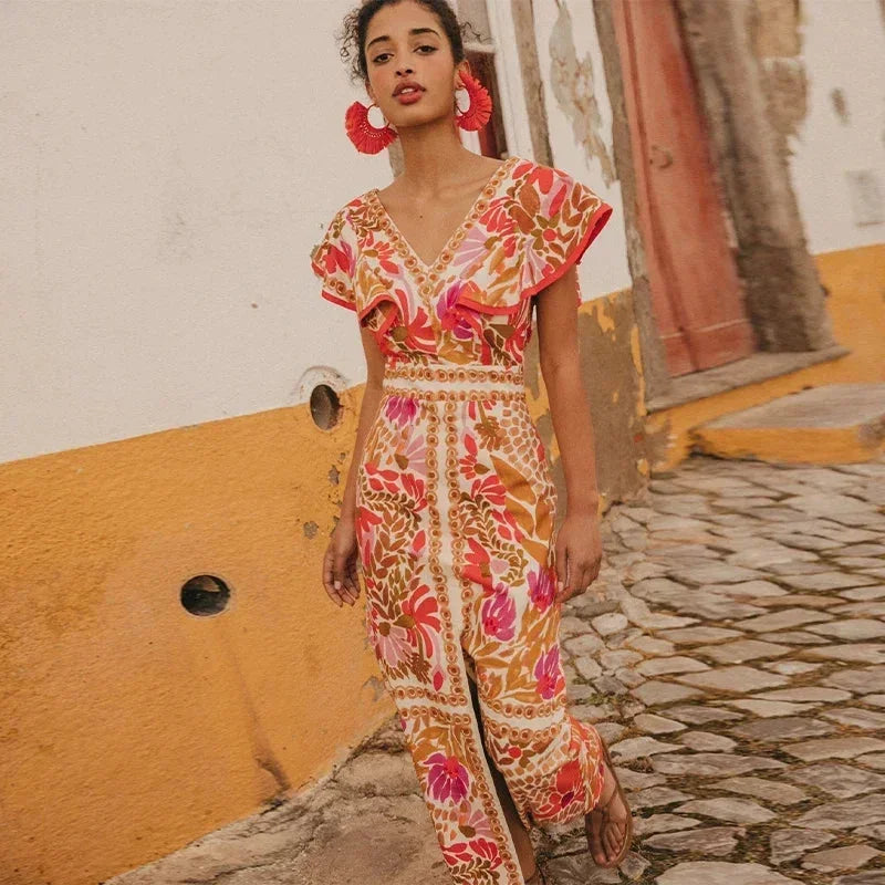 Vestito lungo donna a fiori con scollo a V e spacco