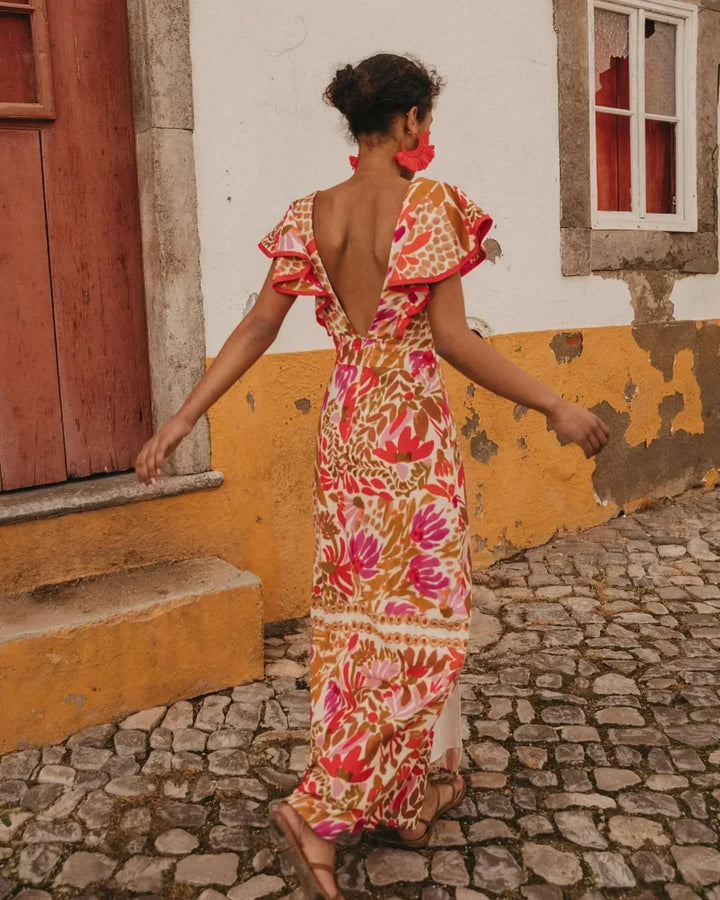 Vestito lungo donna a fiori con scollo a V e spacco