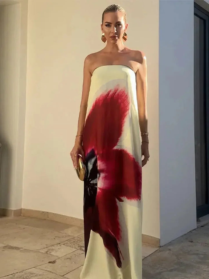 Vestito lungo donna con bretelle sottili a stampa floreale estivo