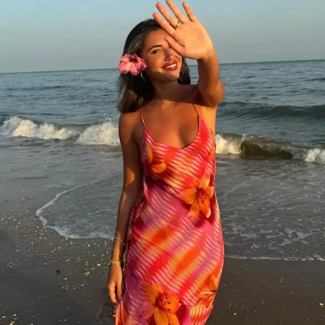 Vestito lungo donna con bretelle sottili a stampa floreale estivo